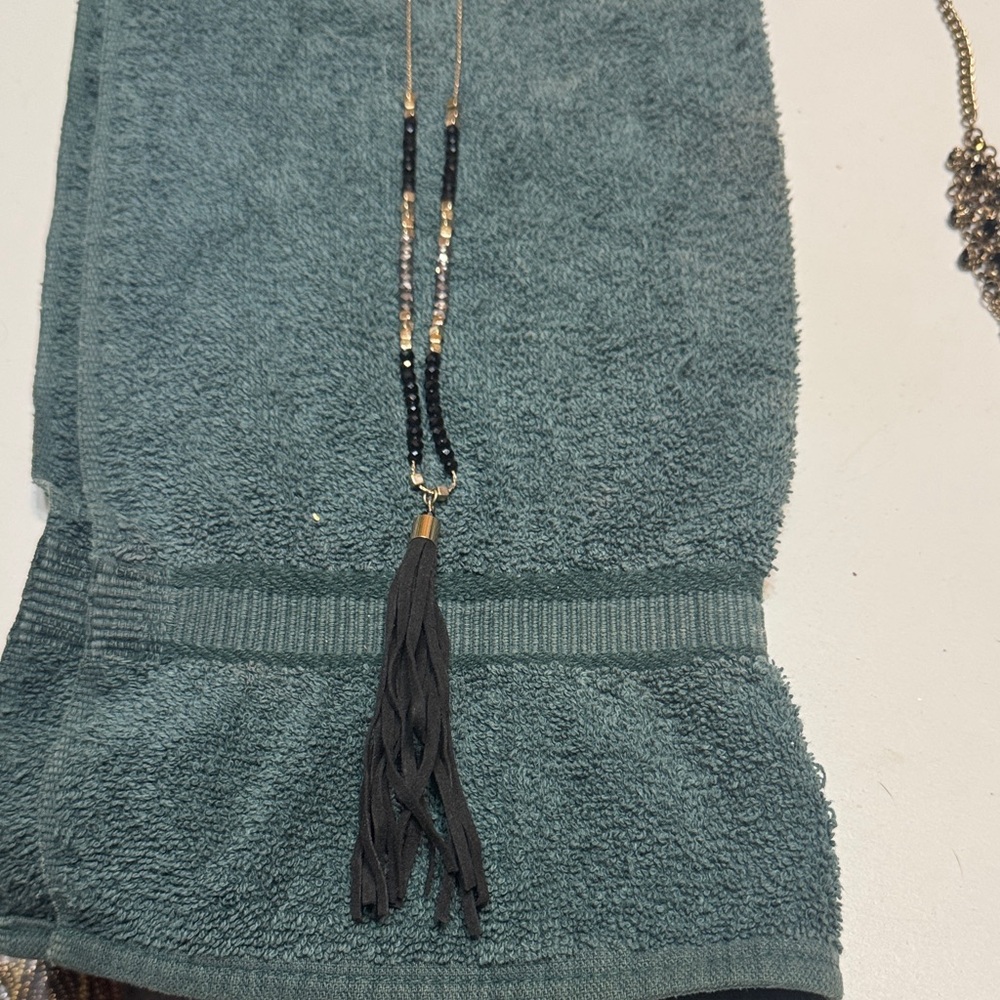 Target Black and Gold Beaded Necklace with Tassel Chain 15” long 3” Ext.